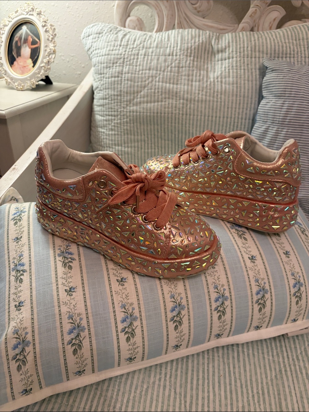 Women’s Rose Gold Iridescent Platform Lace-Up Sneakers